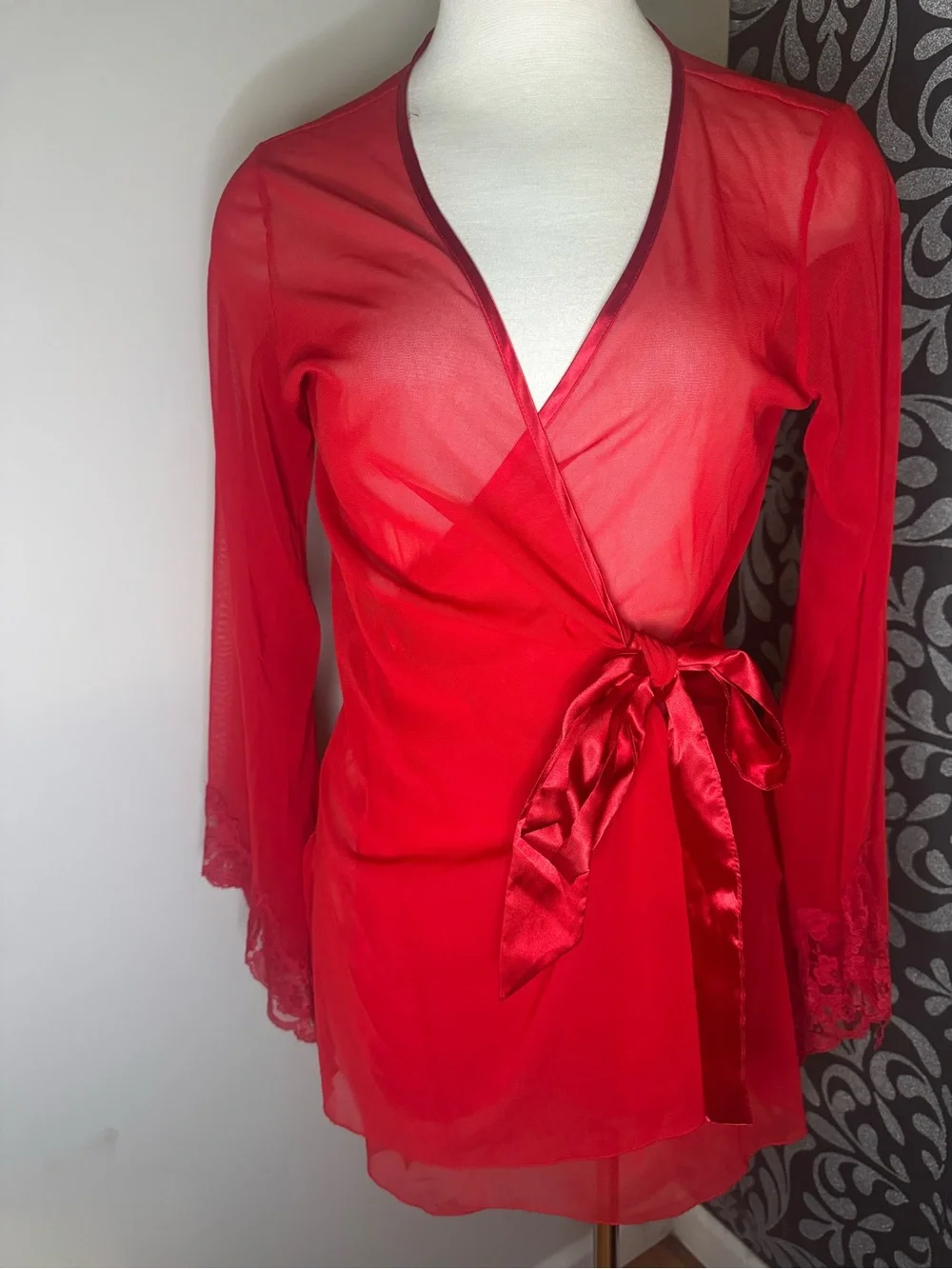 Frederick’s of Hollywood Red Sheer Wrap Robe with Satin Tie with lace sleeves.